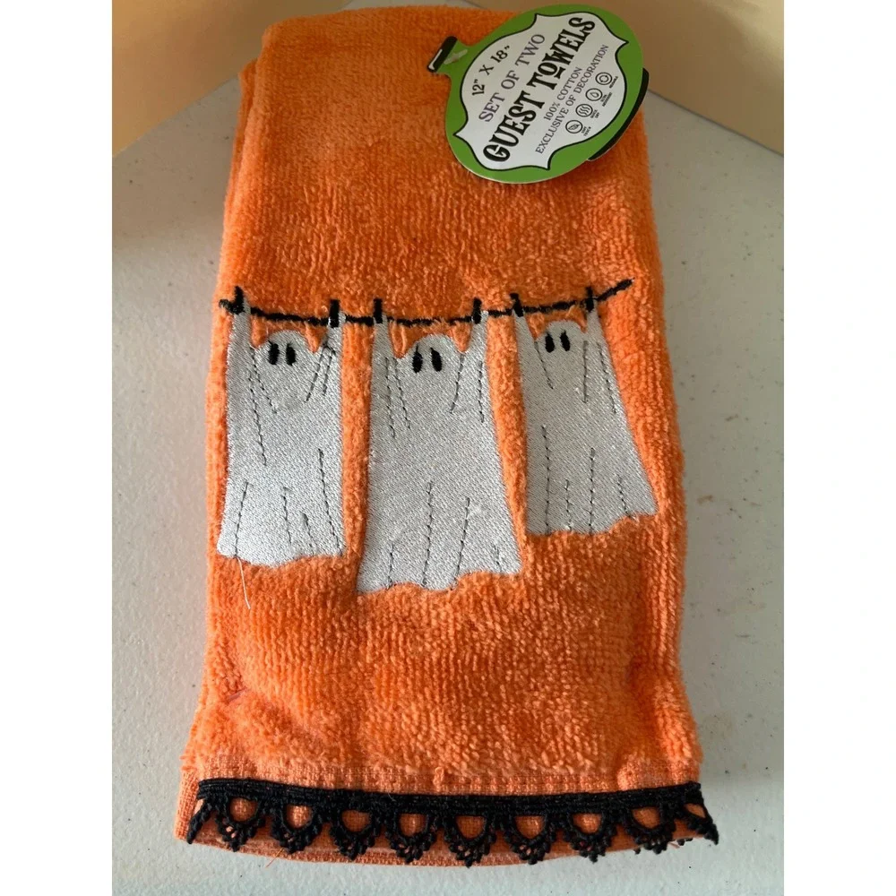 Halloween Guest Towels Set of 2 Orange Cotton Ghost Embroidery Lace Trim 12x18